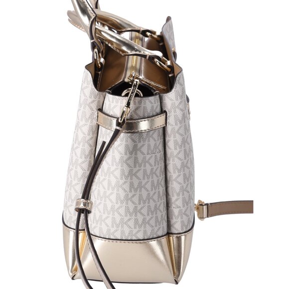 Michael Kors Reed Large Belted Satchel Vanilla MK Signature Pale Gold - Picture 5 of 7